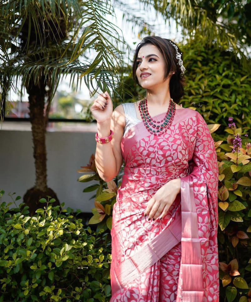 Rose Pink Banarasi Silk Saree with Silver Zari Floral Weave
