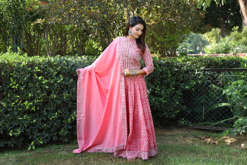 Pink Hand Block Printed Kurti Skirt Dupatta Set