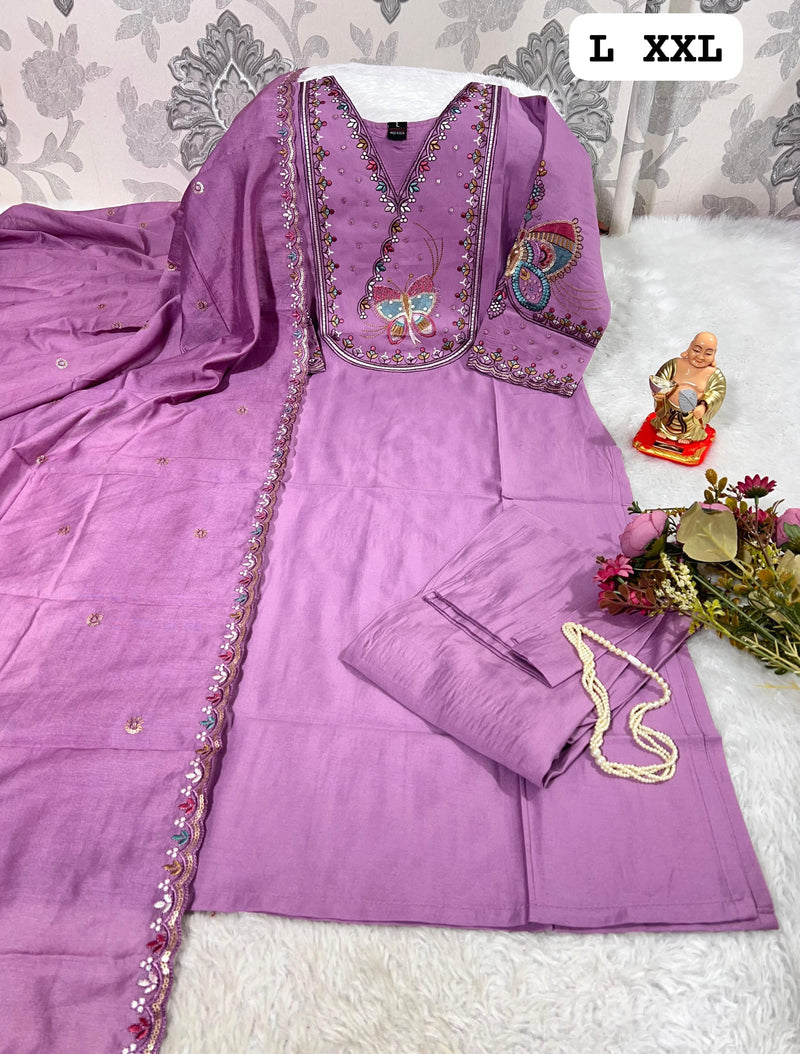 Lavender Butterfly Embroidered Kurti Set with Matching Dupatta
