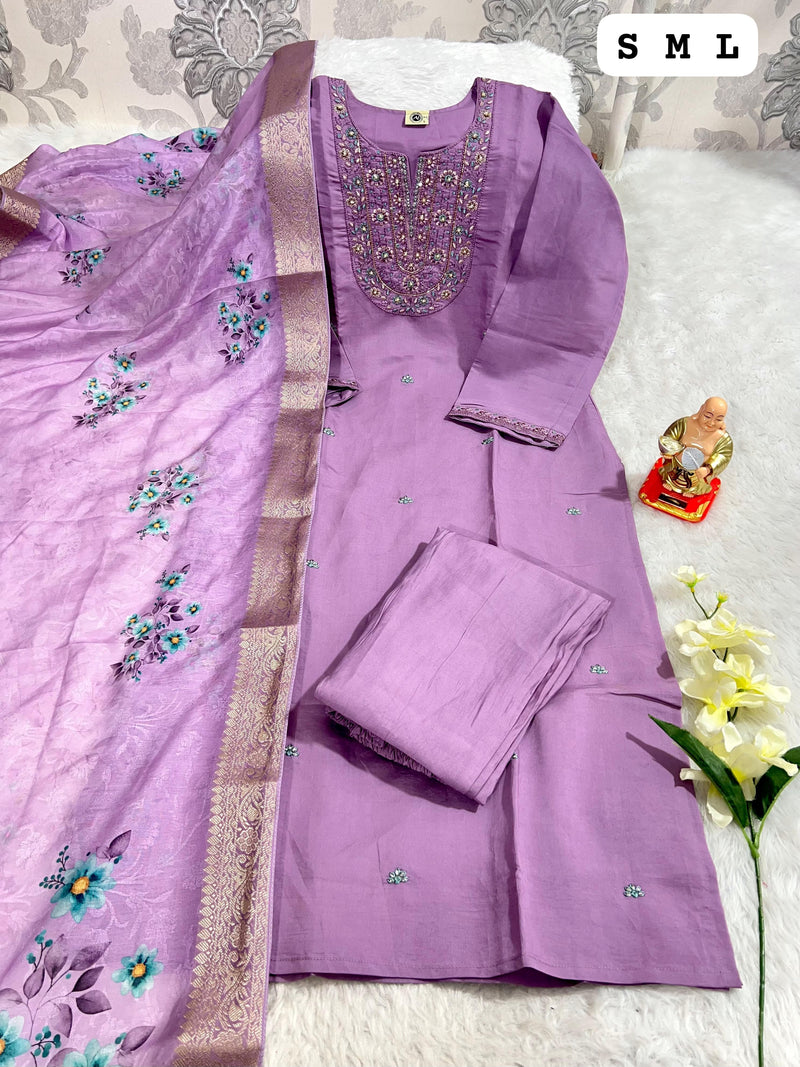 Lavender Embroidered Kurti Set with Floral Dupatta & Matching Pants