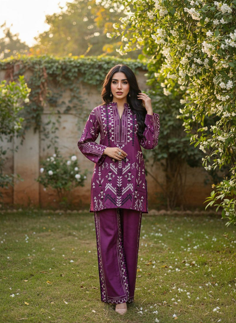 Plum Purple Embroidered Cotton Kurti & Trouser Set
