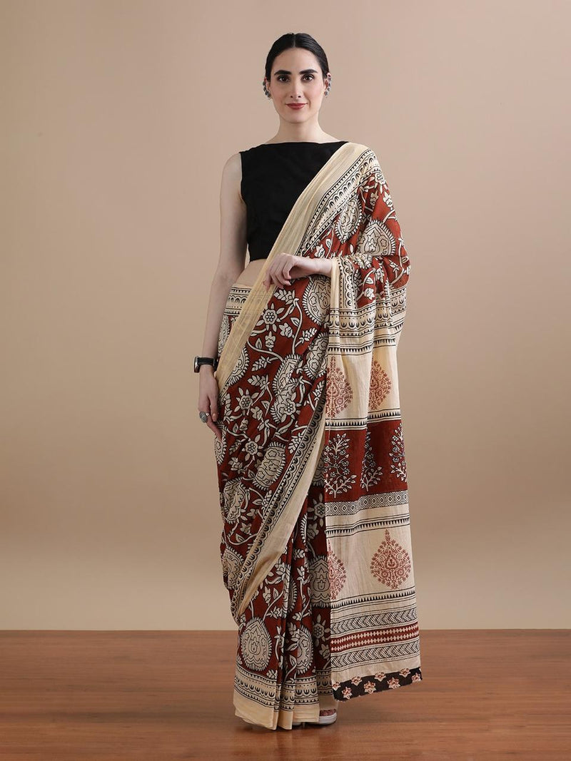 Beige & Maroon Cotton Saree with Traditional Floral Prints