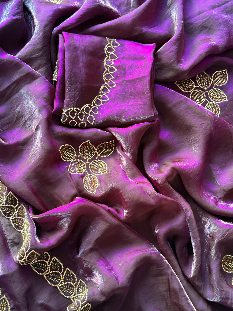 Royal Purple Silk Blend Saree with Golden Leaf Embroidery