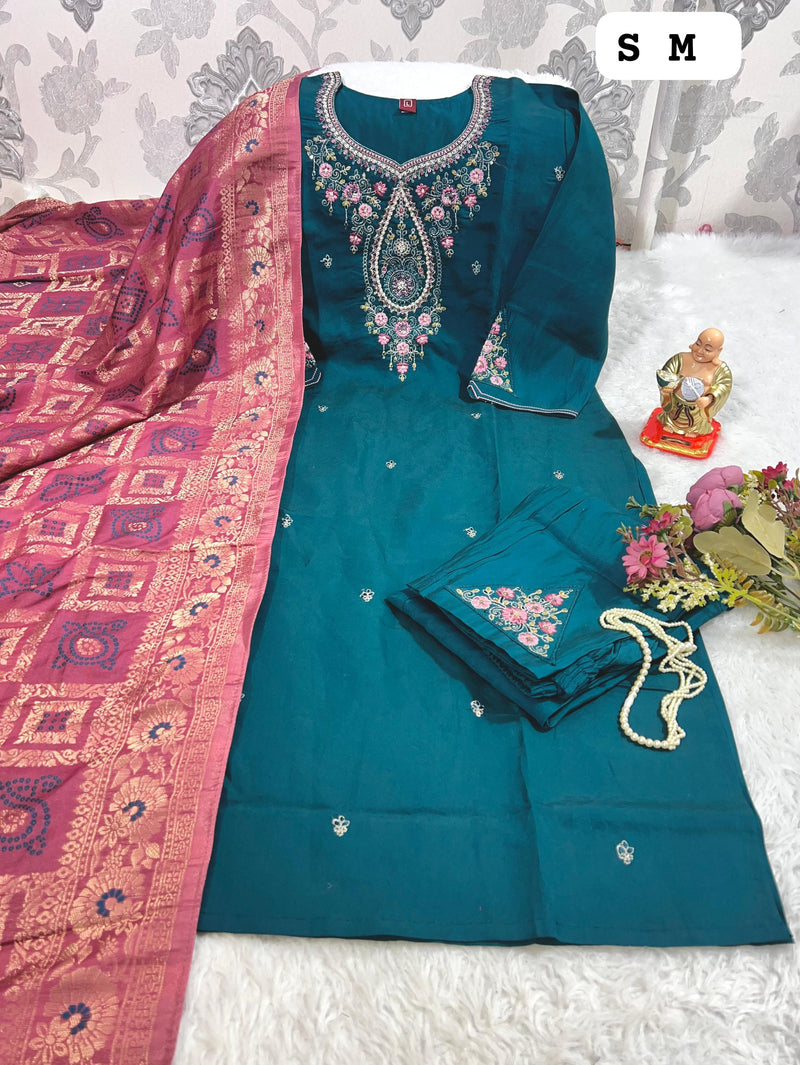 Teal Embroidered Kurti Set with Contrasting Pink Banarasi Dupatta