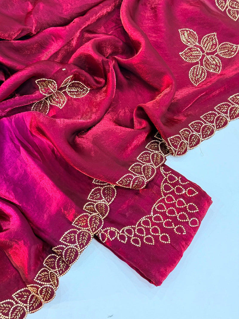 Elegant Magenta Embroidered Saree with Golden Leaf Border