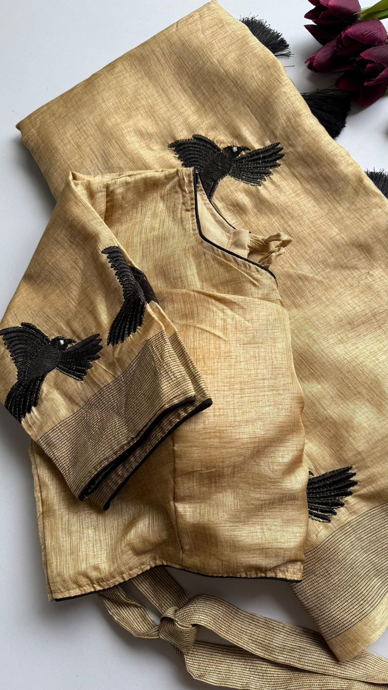 Golden Beige Silk Blend Saree with Black Bird Embroidery & Matching Blouse