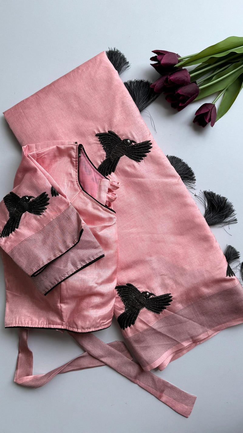 Baby Pink Silk Blend Saree with Black Bird Embroidery & Contrast Blouse