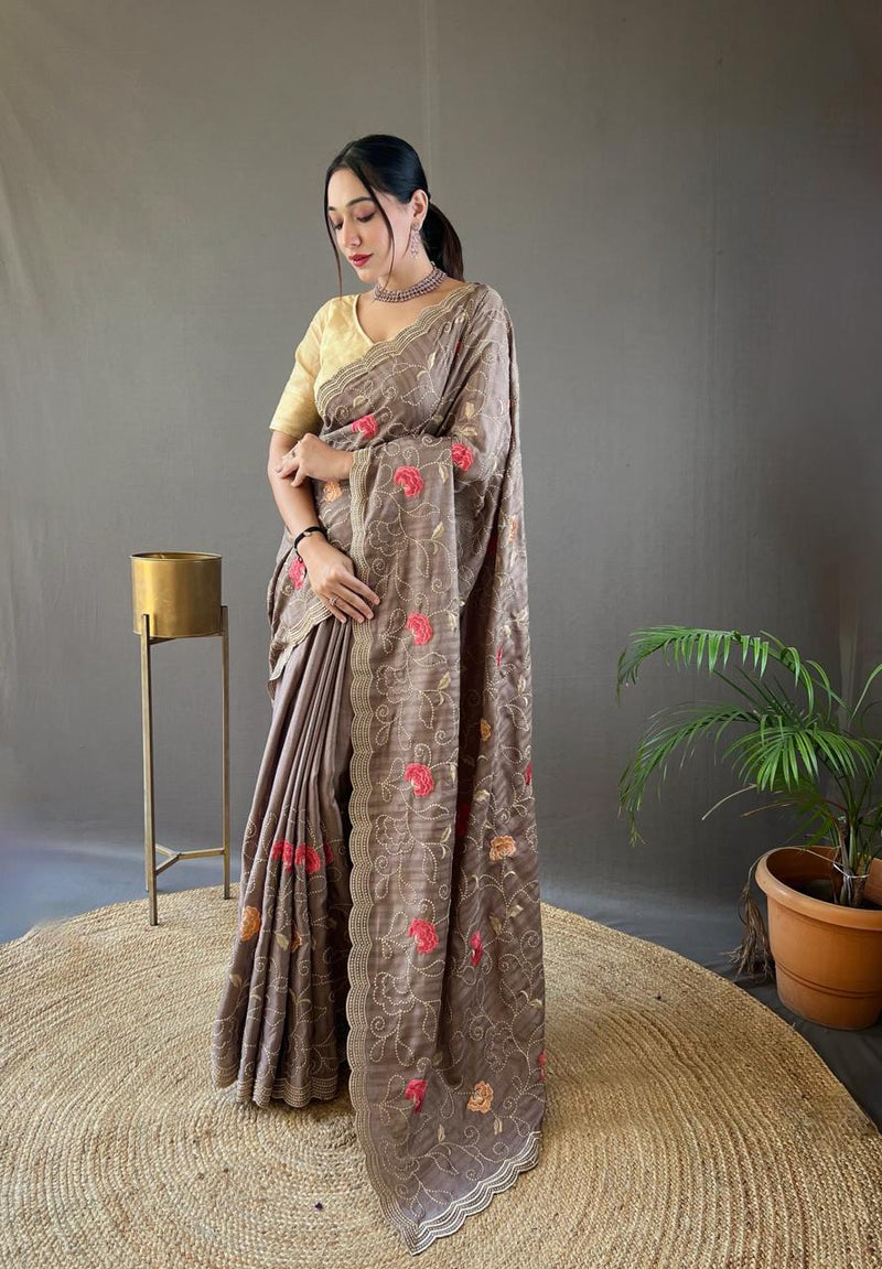 Coffee Brown Floral Embroidered Linen Saree with Scallop Border