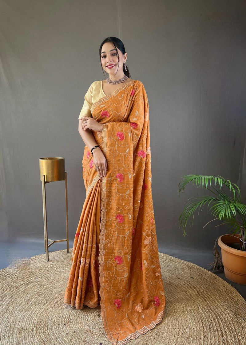 Orange Floral Embroidered Linen Saree with Scalloped Border