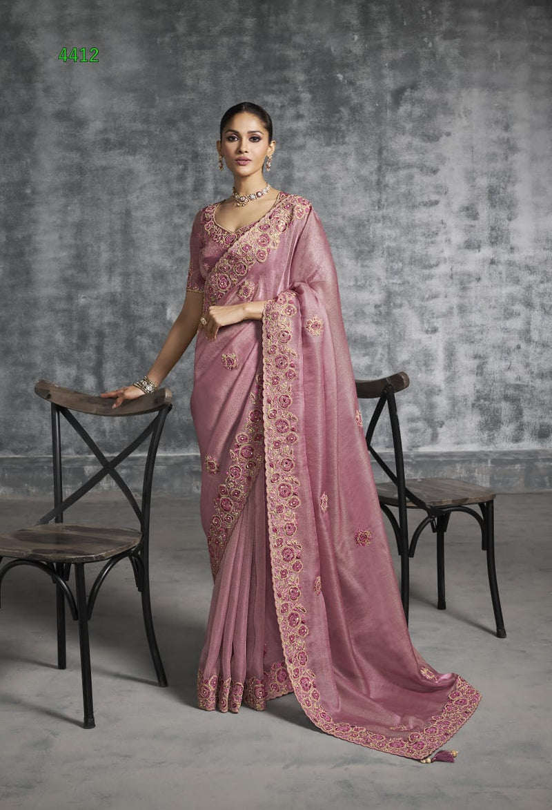 Dusty Rose Pink Embroidered Party Wear Saree