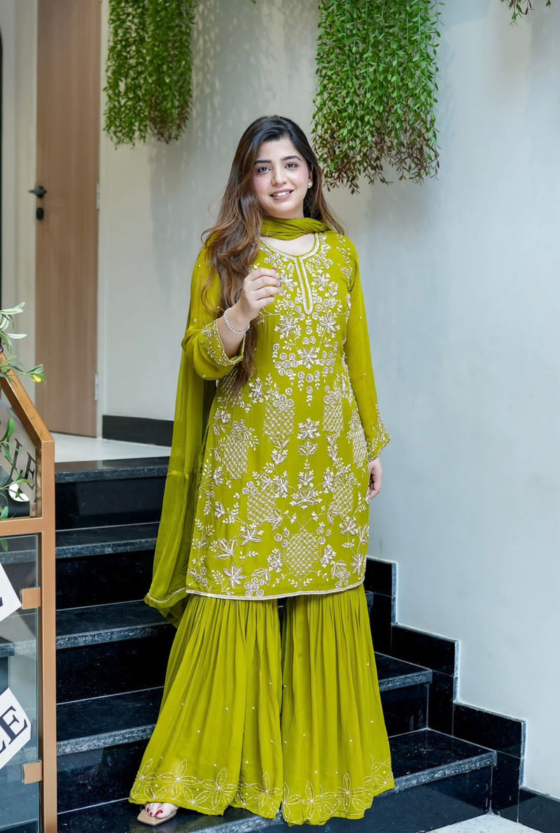Lime Green Embroidered Georgette Sharara Suit with Dupatta