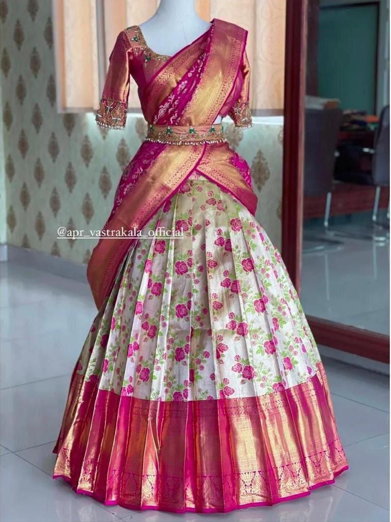 Majestic Pink & Gold Kanjivaram Silk Half Saree with Floral Skirt and Embroidered Blouse