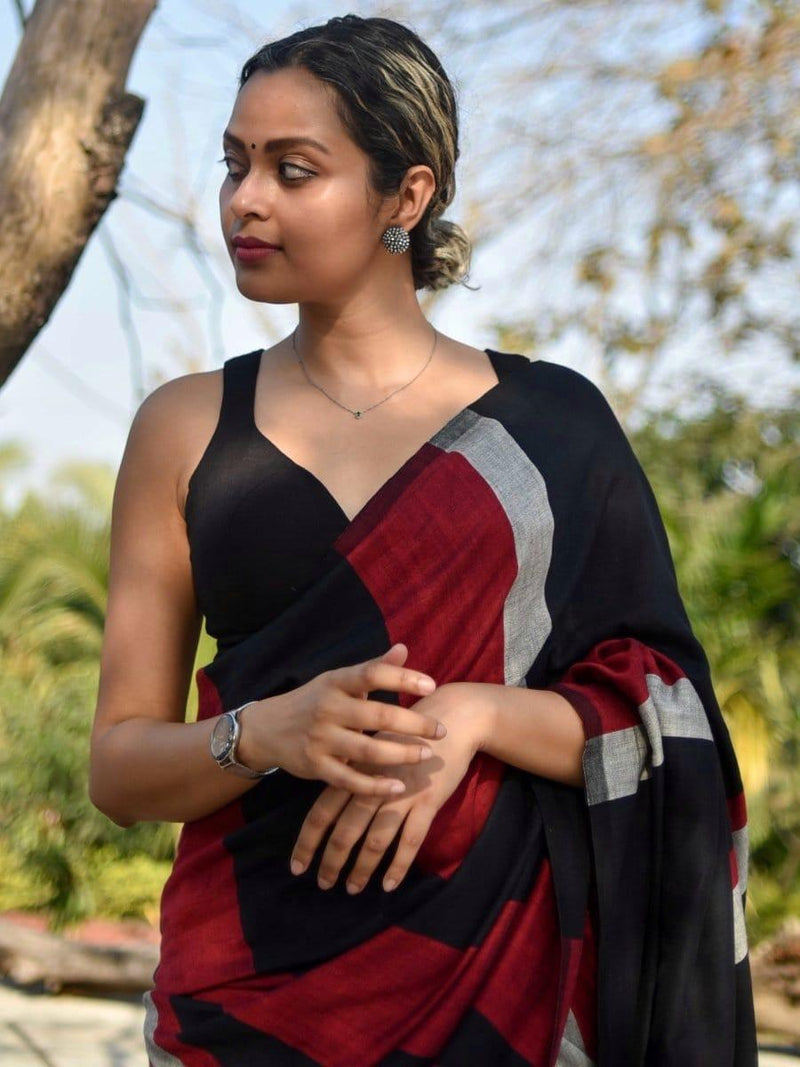 Black & Maroon Handloom Cotton Saree with Grey Border
