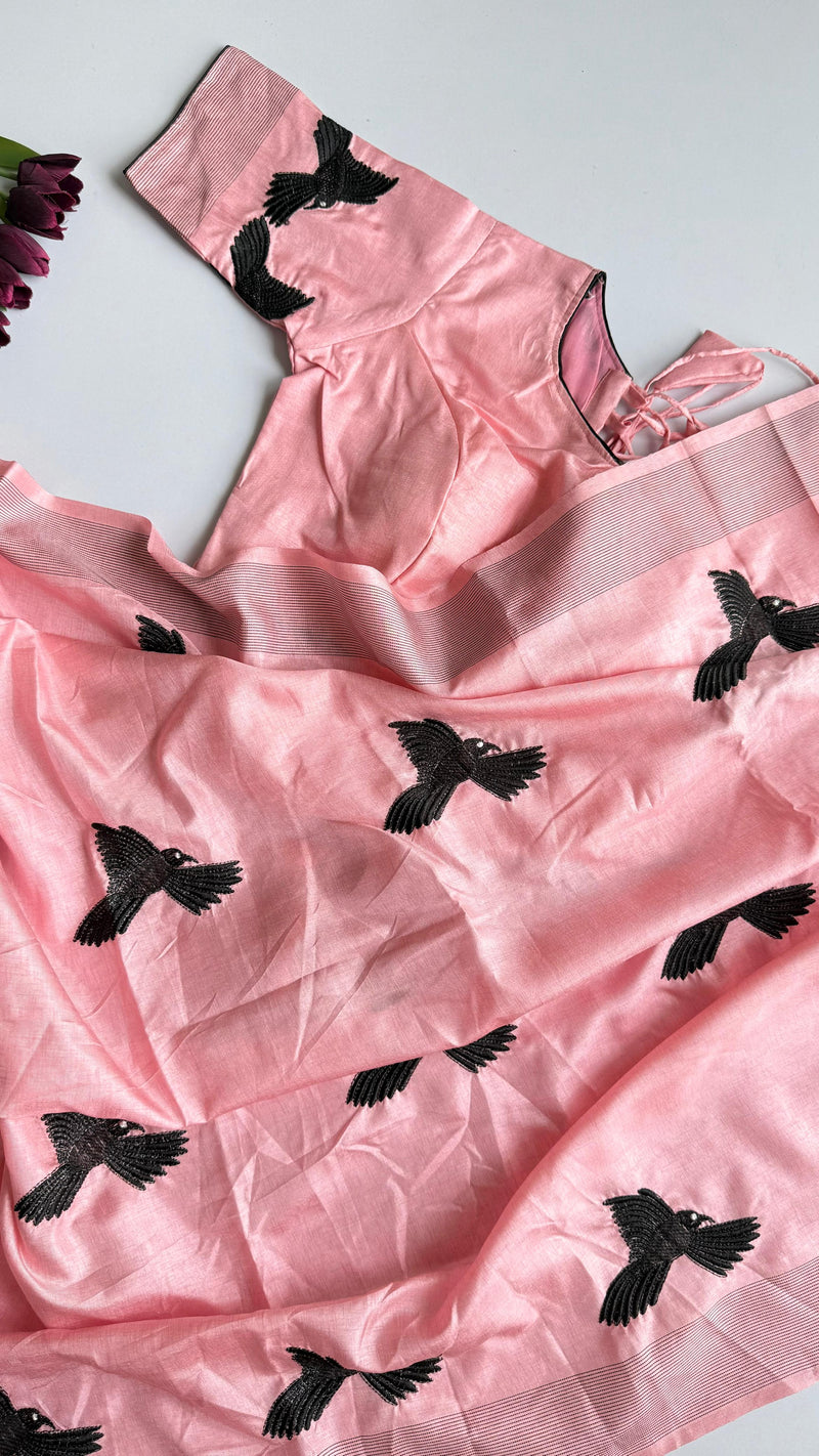 Pastel Pink Silk Blend Saree with Black Bird Embroidery & Matching Blouse