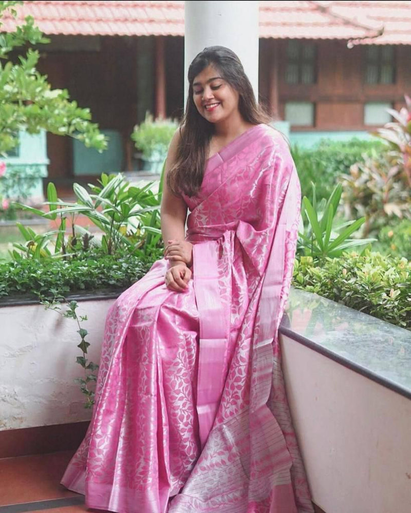Baby Pink Banarasi Silk Saree with Silver Zari Floral Weave