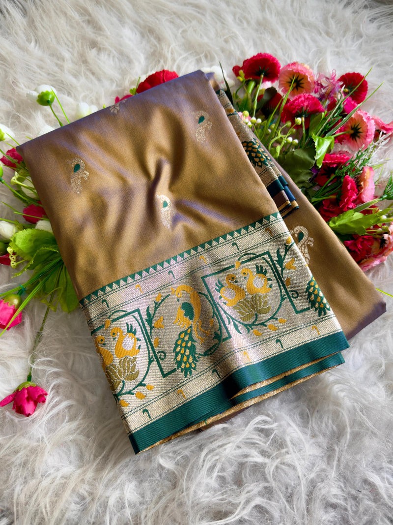 Golden Silk Saree with Green Zari Border & Peacock Motifs