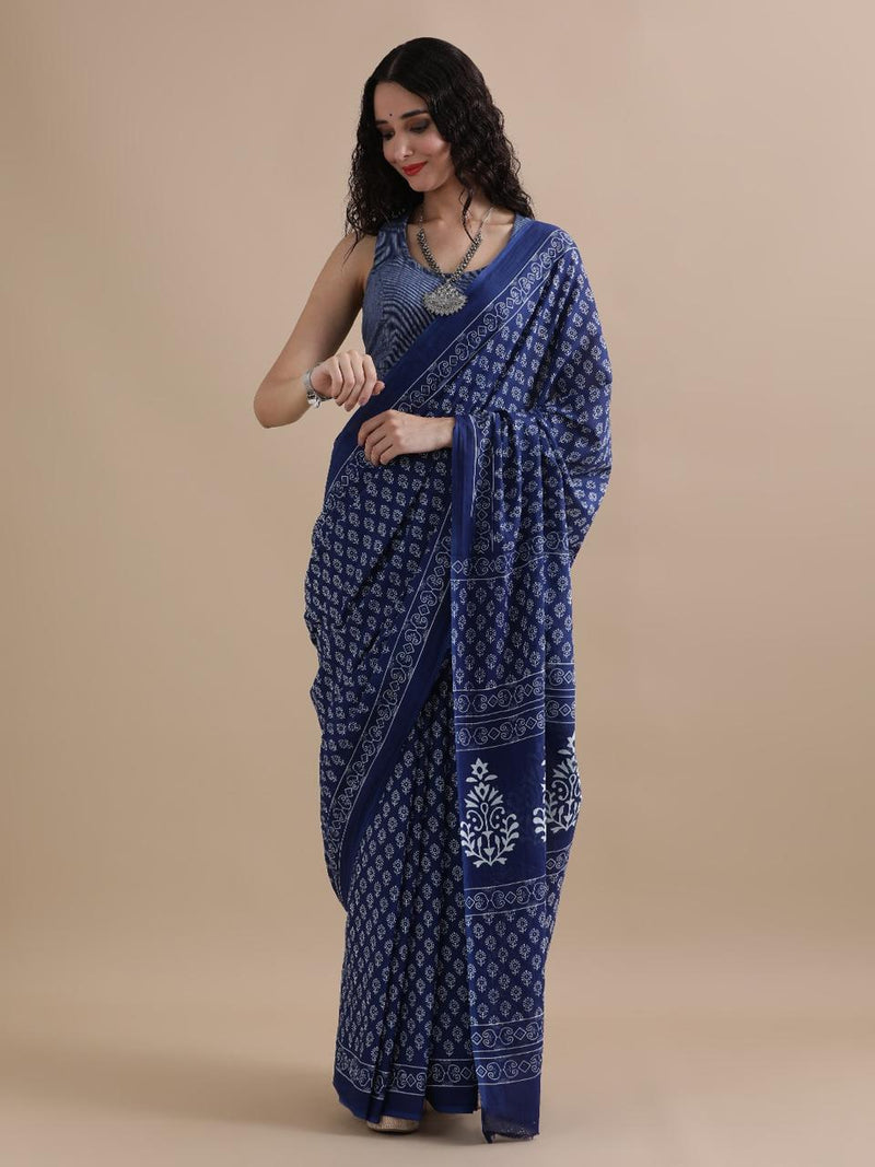 Elegant Blue Printed Cotton Saree with Traditional Motifs