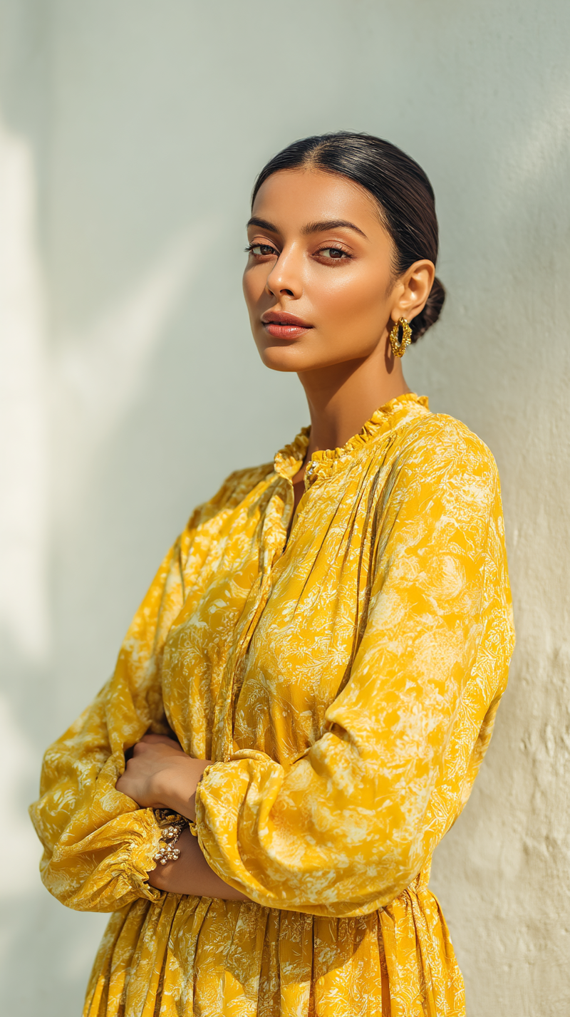 Women's Dress - Mustard Yellow Floral Cotton Voile