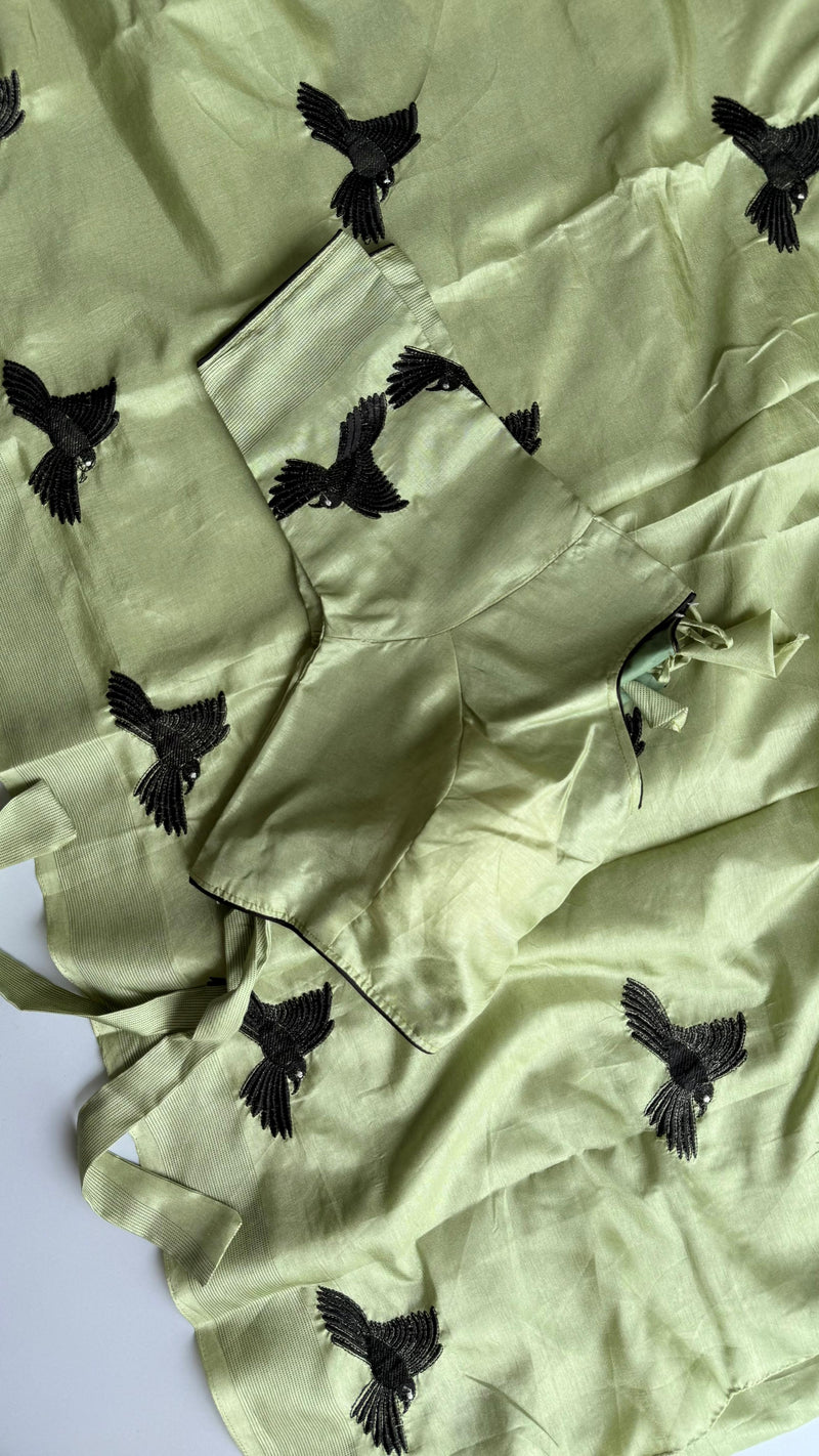 Light Pastel Green Silk Blend Saree with Black Bird Embroidery & Designer Blouse