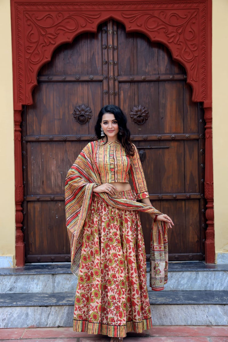 Beige & Red Hand Block Printed Kurti Skirt Dupatta