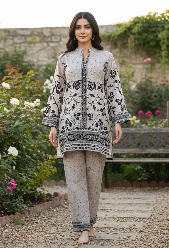 Black & White Floral Printed Cotton Suit Set