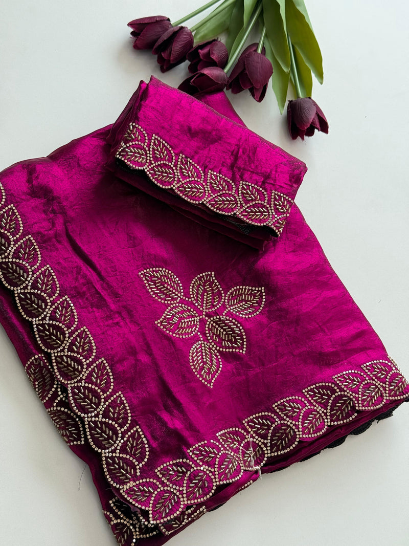 Royal Magenta Embroidered Saree with Golden Leaf Motifs