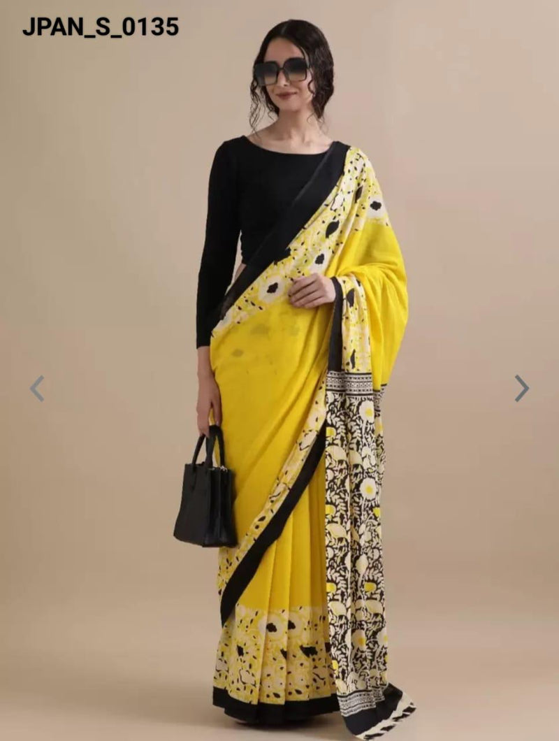 Yellow Floral Print Cotton Saree with Black Border