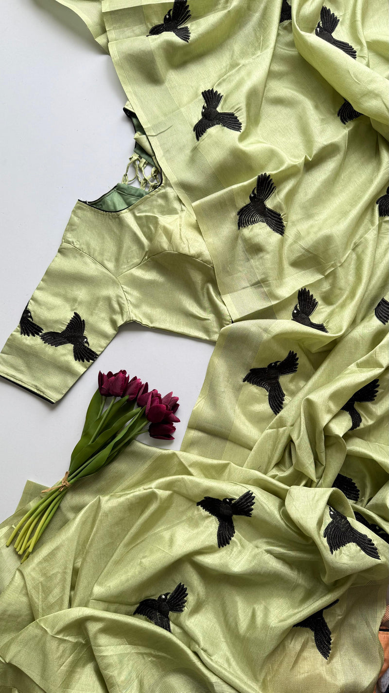 Pastel Green Silk Blend Saree with Black Bird Embroidery & Designer Blouse