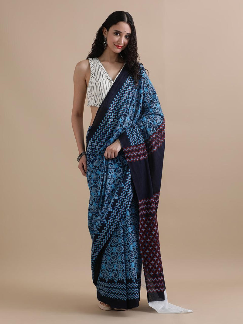 Blue & Navy Geometric Cotton Saree – Modern Craft in Motion