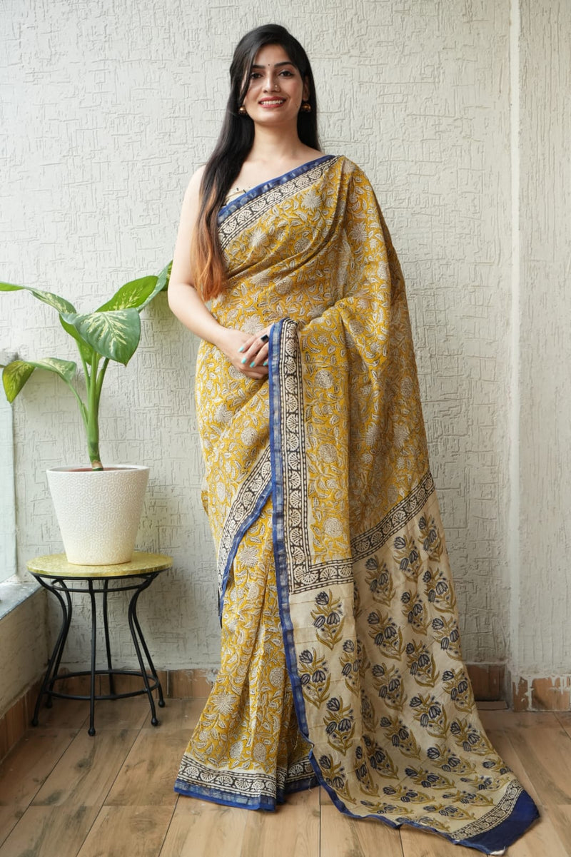 Mustard Yellow Floral Hand Block Chanderi Silk Saree