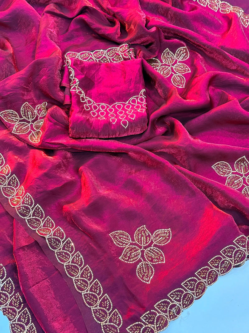 Magenta Pink Embroidered Suit Set with Golden Leaf Motifs