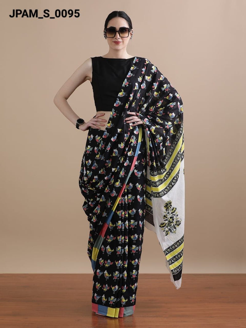 Black Cotton Saree with Multicolor Dancer Prints & Yellow Border