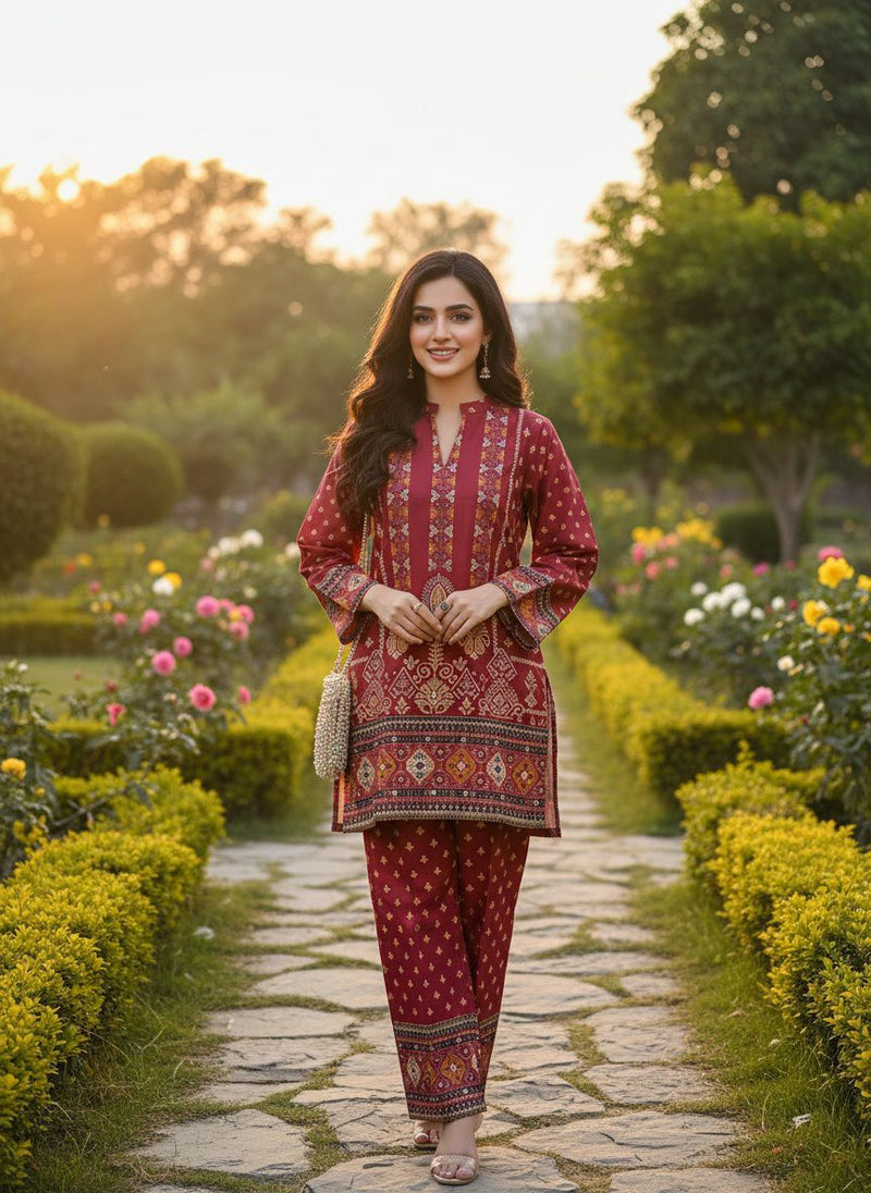 Crimson Red Printed Cotton Kurti & Trouser Set