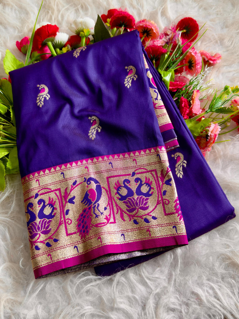 Royal Purple Silk Saree with Magenta Zari Border & Peacock Motifs