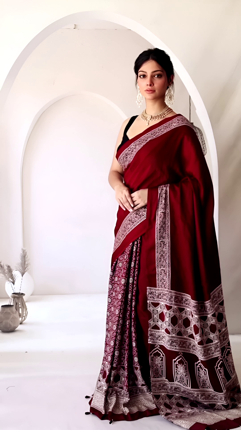Pure Modal Silk Ajrakh Hand Block Printed Saree with Tassels – Wine Red