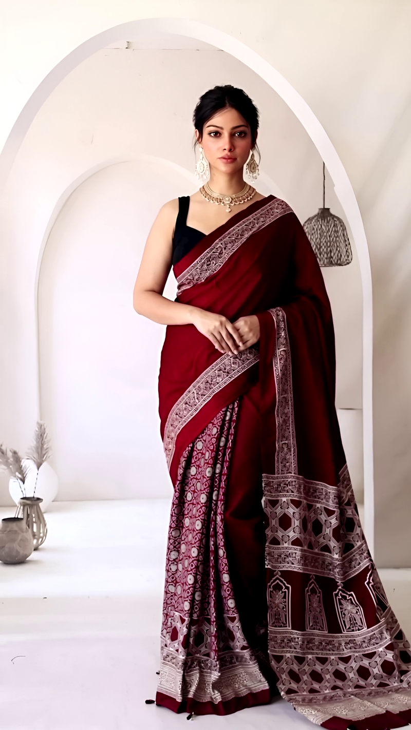 Pure Modal Silk Ajrakh Hand Block Printed Saree with Tassels – Wine Red