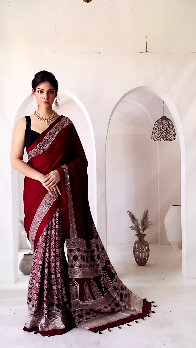 Pure Modal Silk Ajrakh Hand Block Printed Saree with Tassels – Wine Red
