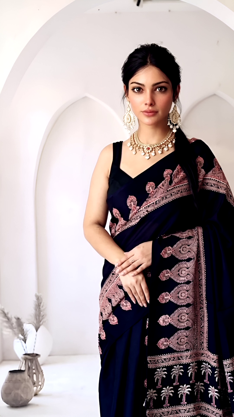 Pure Modal Silk Ajrakh Hand Block Printed Saree with Tassels – Midnight Blue