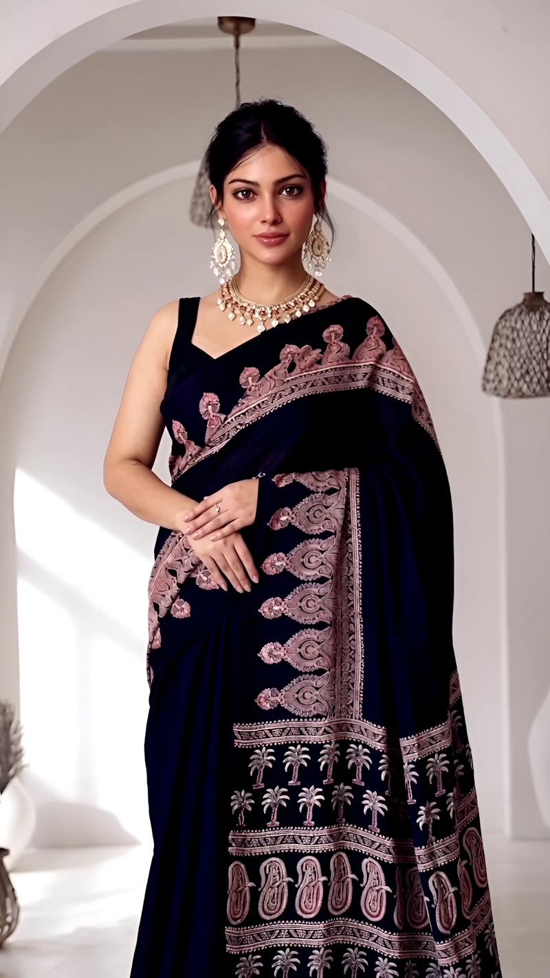 Pure Modal Silk Ajrakh Hand Block Printed Saree with Tassels – Midnight Blue
