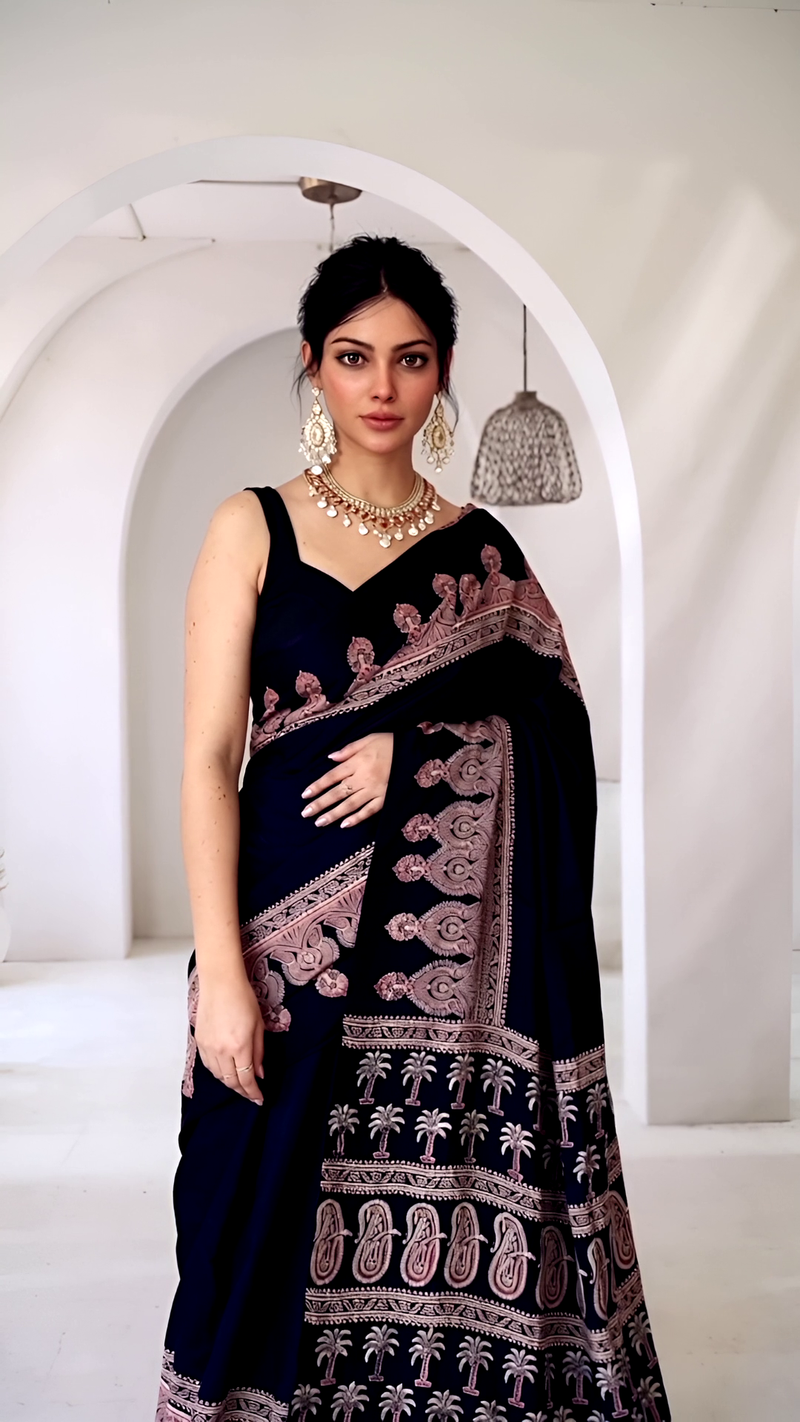 Pure Modal Silk Ajrakh Hand Block Printed Saree with Tassels – Midnight Blue