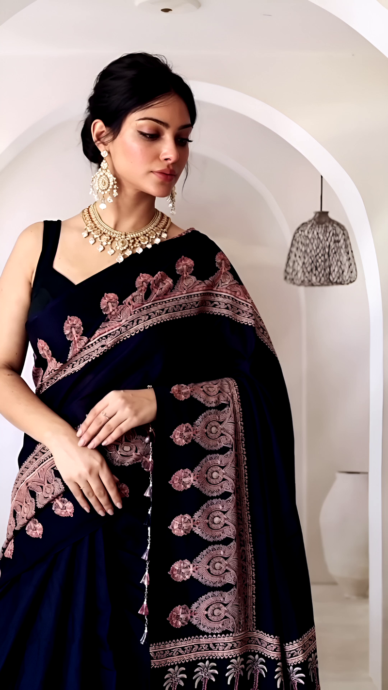 Pure Modal Silk Ajrakh Hand Block Printed Saree with Tassels – Midnight Blue