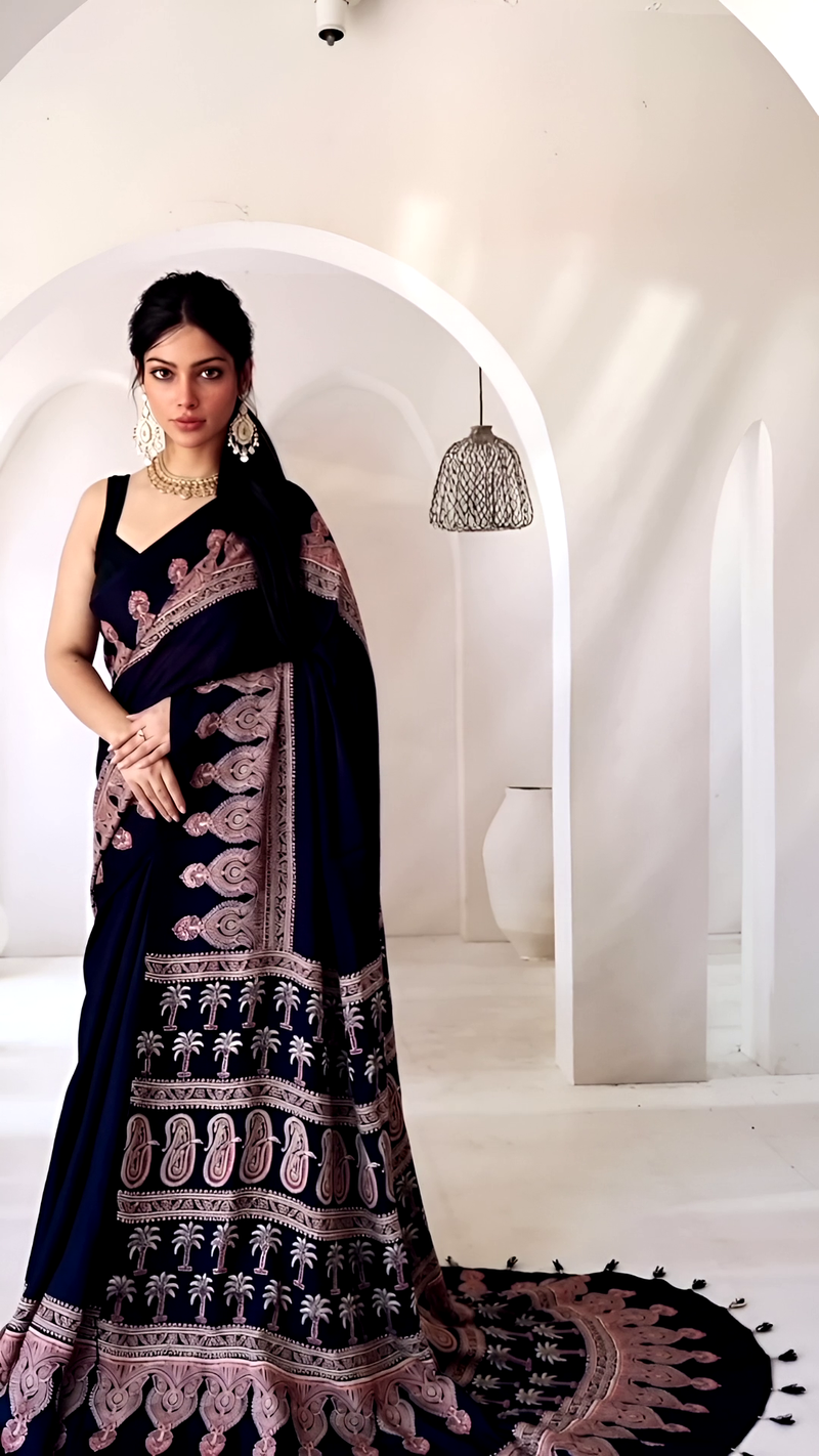 Pure Modal Silk Ajrakh Hand Block Printed Saree with Tassels – Midnight Blue