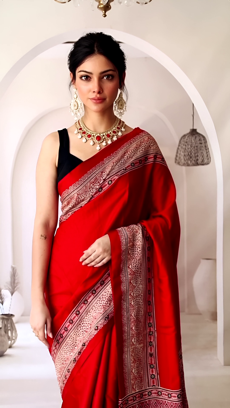 Pure Modal Silk Ajrakh Hand Block Printed Saree with Tassels – Scarlet Red