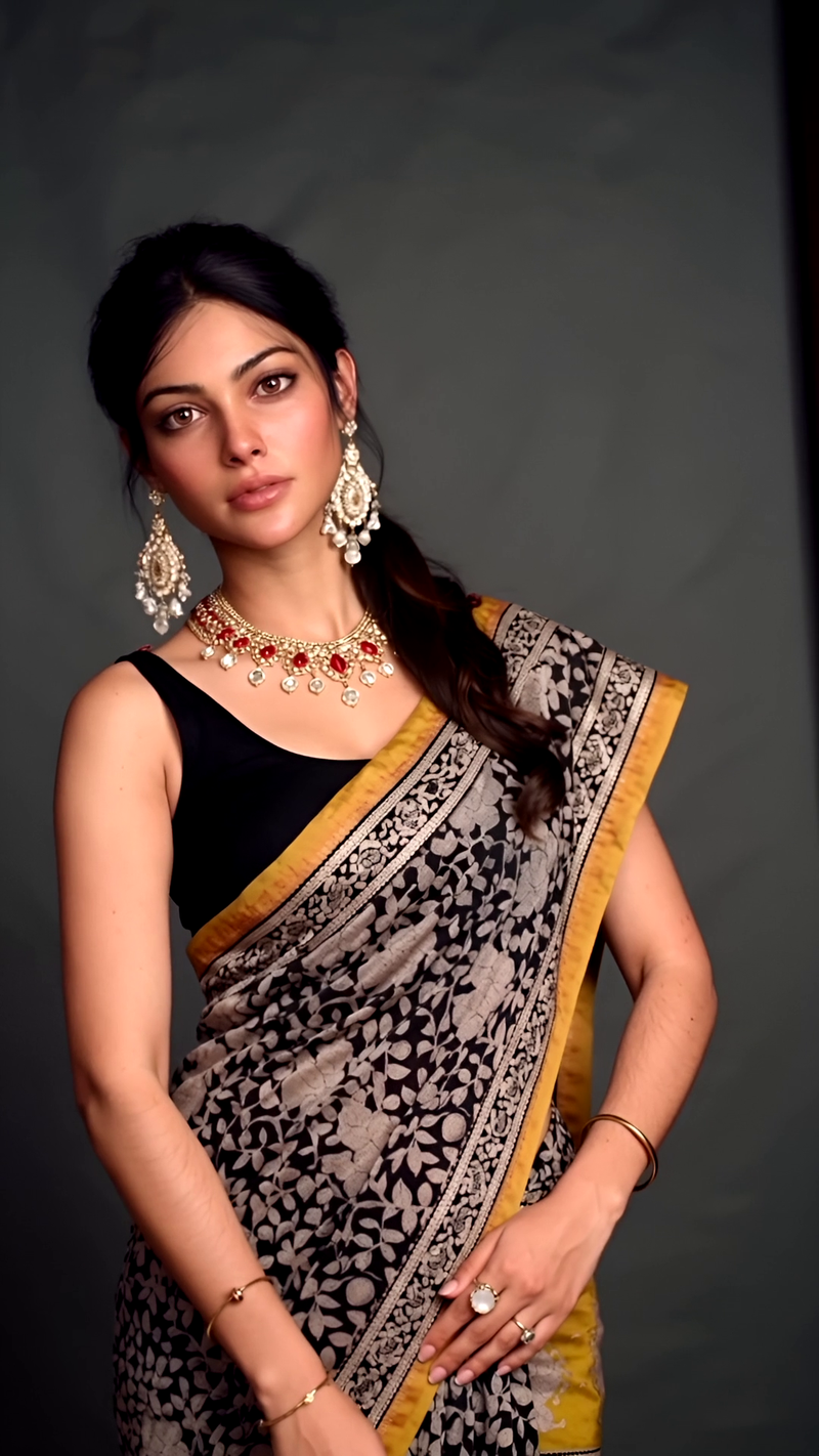 Black & Mustard Cotton Saree with Multicolor Block Print Pallu