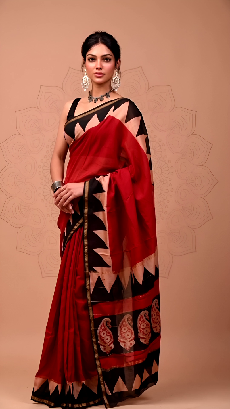 Red & Black Cotton Saree with Geometric & Paisley Prints