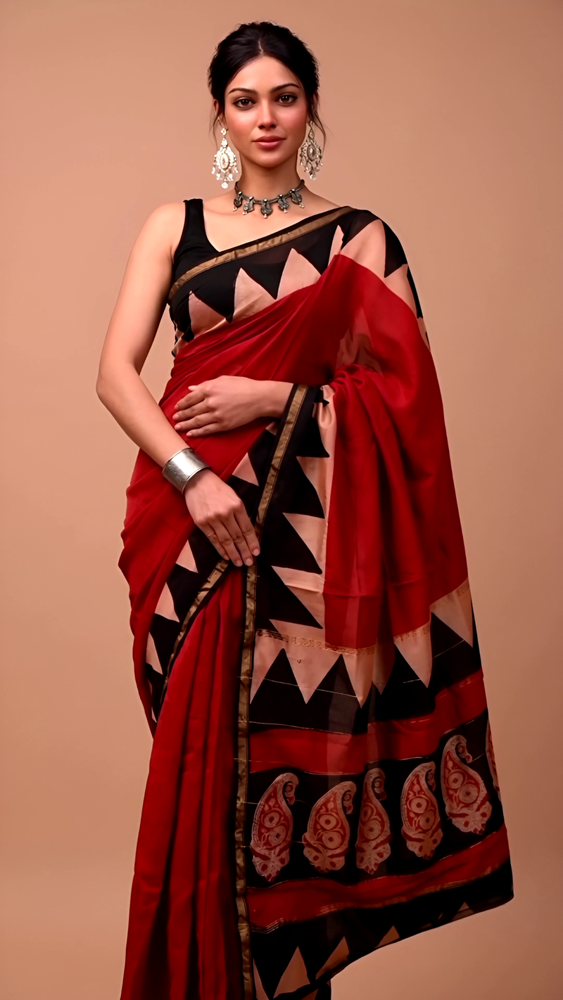Red & Black Cotton Saree with Geometric & Paisley Prints