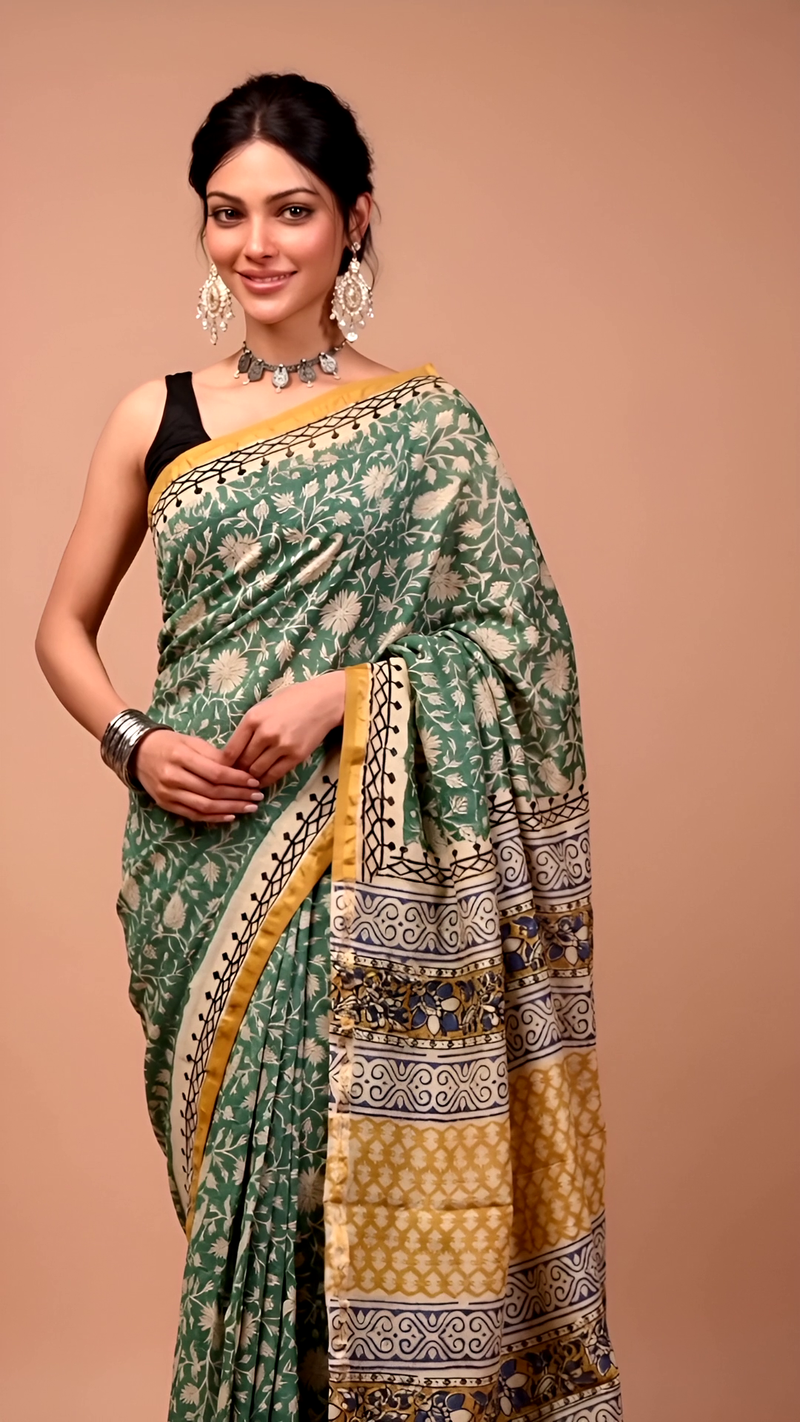 Green & Mustard Printed Cotton Saree