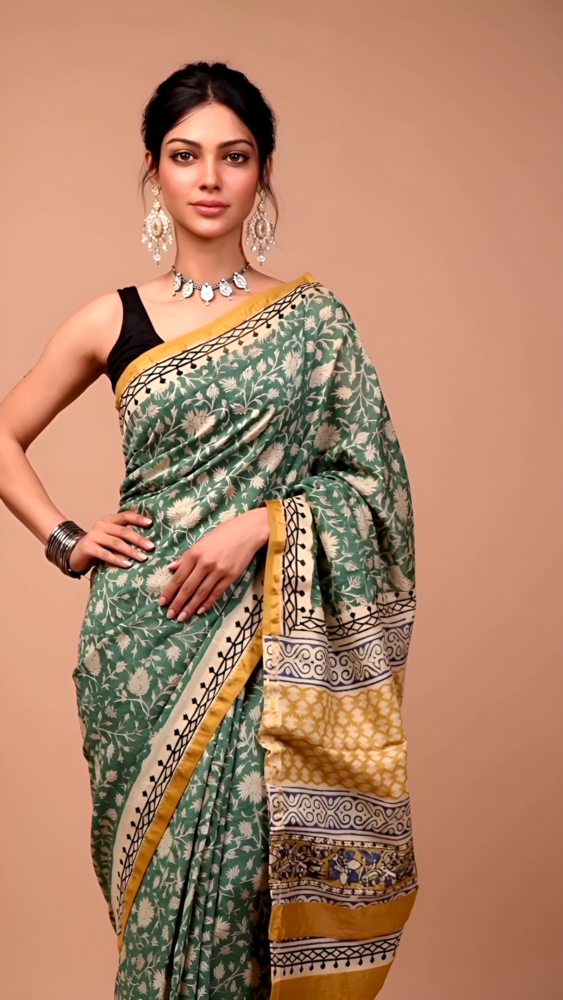 Green & Mustard Printed Cotton Saree