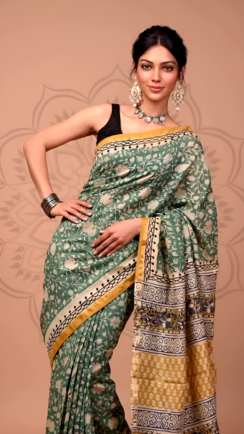 Green & Mustard Printed Cotton Saree