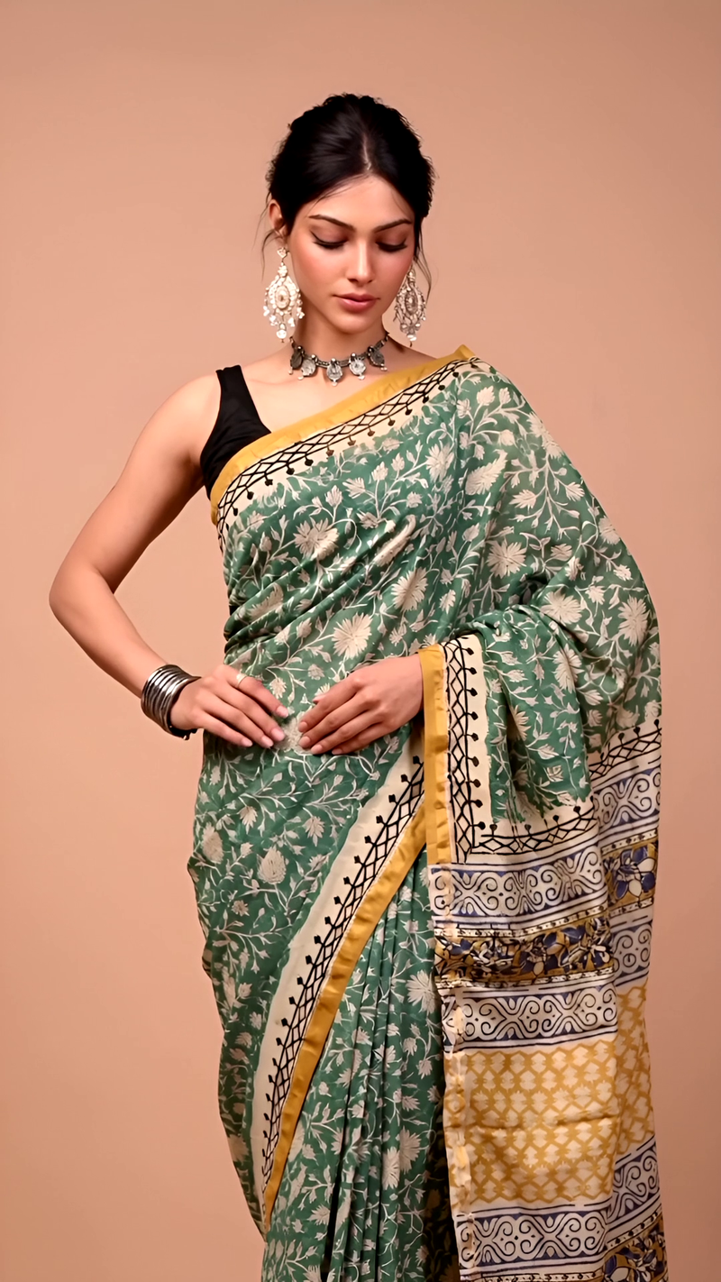 Green & Mustard Printed Cotton Saree